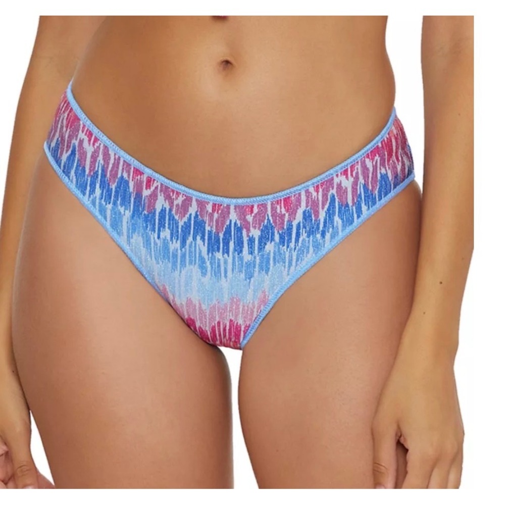 BECCA by Rebecca Virtue Ikat Shimmer Ruched Bikini Bottom Blue Pink Purple M NEW